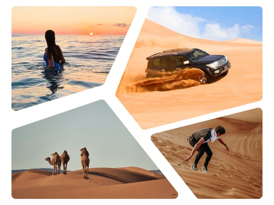 Doha Desert Safari: Sandboarding, Camel Ride & Swimming Fun - Fast dune bashing across golden sand