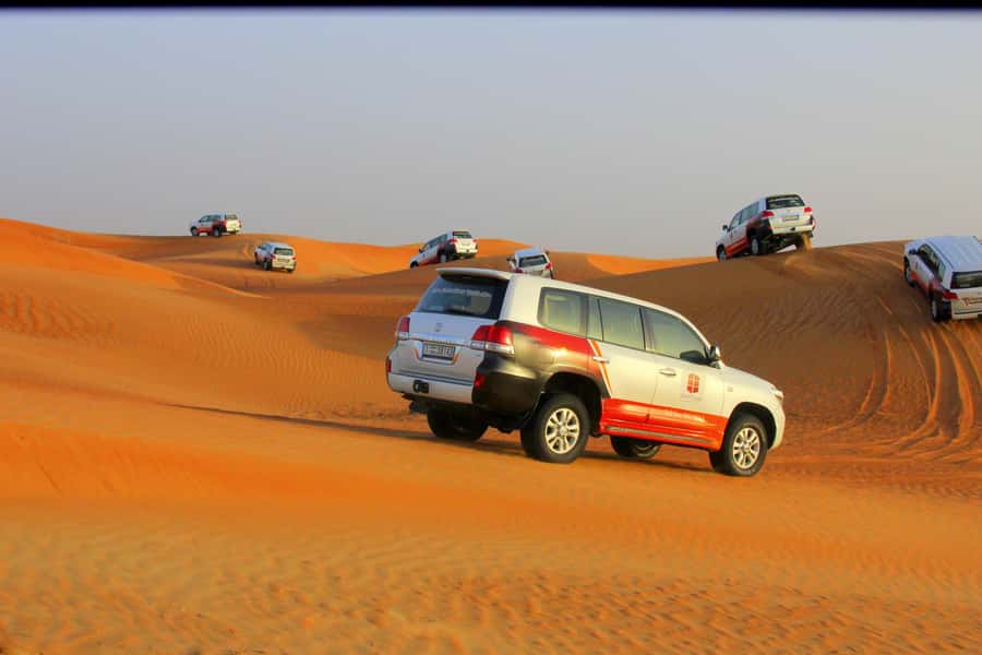 Dubai: Bedouin Camp, Dune Safari, Falcon Show & BBQ Dinner - Sunset, sandboarding and a short camel ride