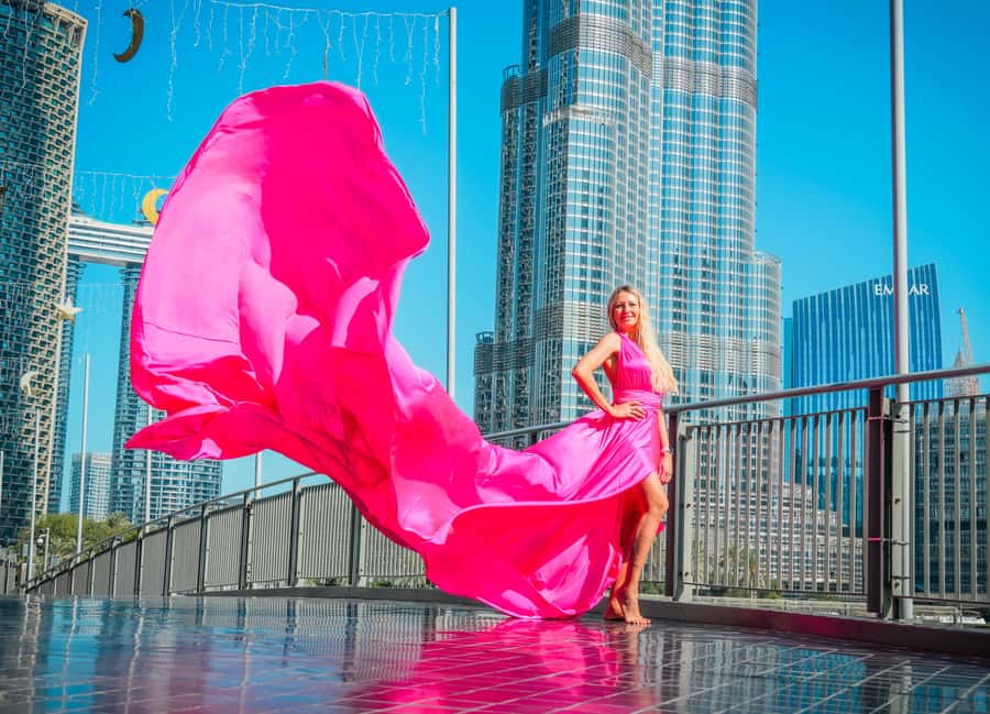 Dubai: Burj Khalifa Flying Dress Videography Shoot - Dandelion Light Sculpture and Burj Ceni