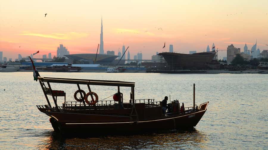 Dubai: Burj Khalifa Sunset on an Abra - Along the Dubai Water Canal