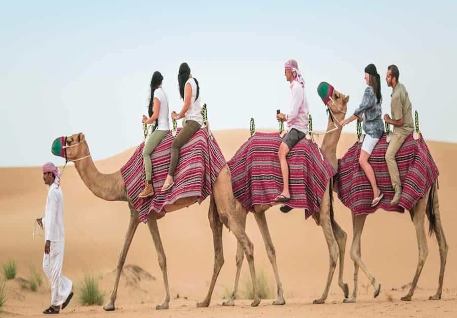 Dubai: Desert Safari, Camel Ride, Sandboard & Buffet Dinner - Belly dancing, tanoura, and fire performances