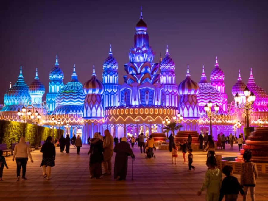 Dubai: Miracle Garden, Global Village, and Dubai Frame - Global Village: food, shopping, lights, and noise