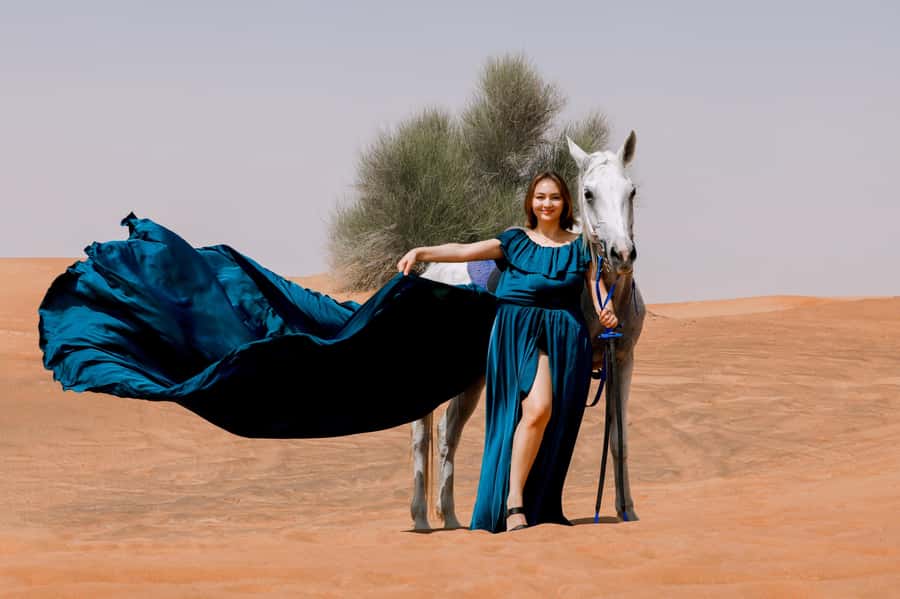 Dubai: Private Flying Dress Photography and Dune Drive Trip - A desert photo shoot with a real sense of occasion